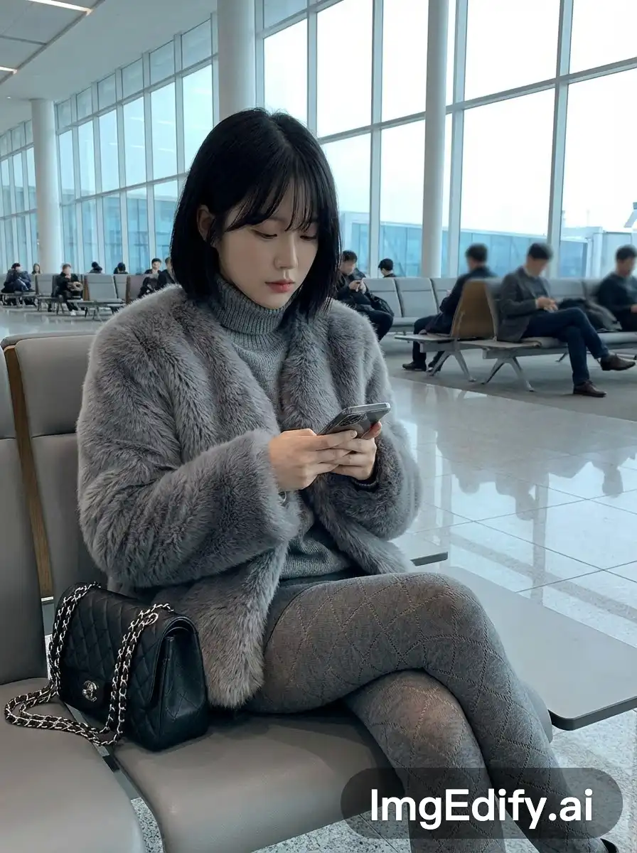 一名留着黑色中短发和轻盈空气刘海的年轻亚洲女性，坐在现代机场候机