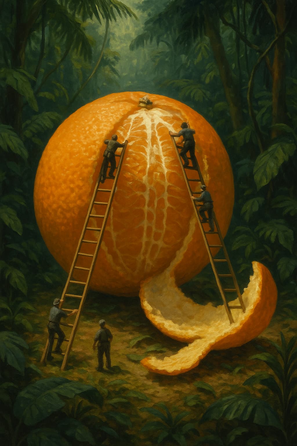 Giant orange in jungle with tiny people