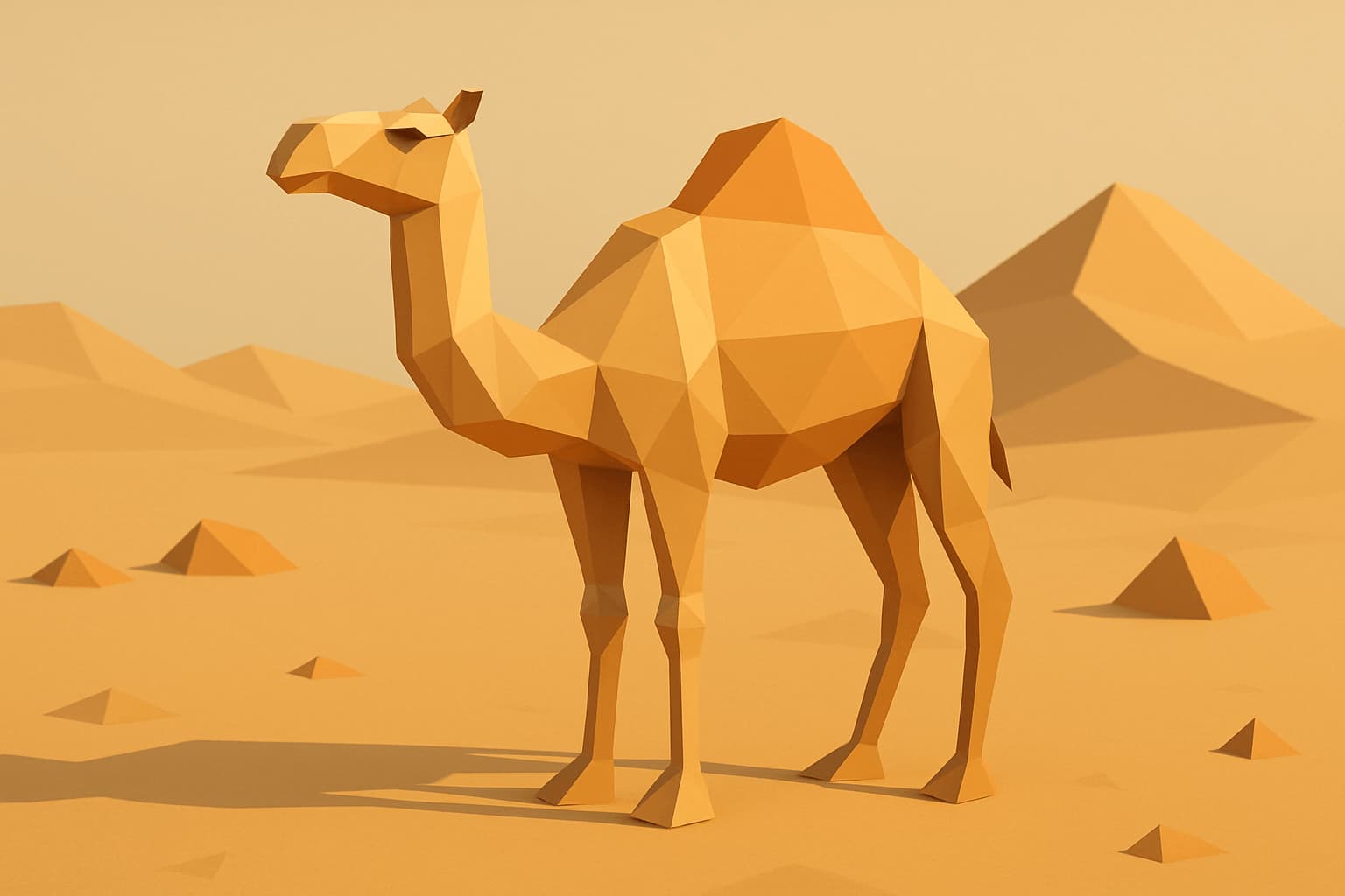 A low-poly 3D render of a camel