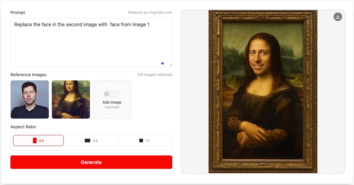 Face swap result using Imgedify AI Image Generator